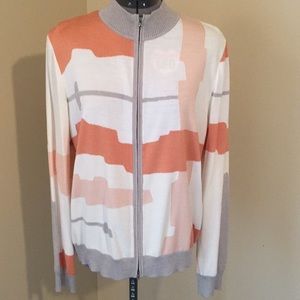 St. John Cream, Peach & Light Gray Abstract Zip Cardigan